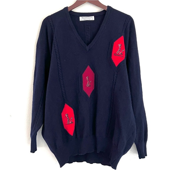 Vintage Burberrys Men’s Scottish Lambswool Golf V Neck Sweater Size XL Navy Blue